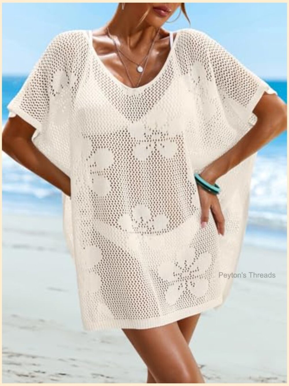 Oversized Crochet Beach Cover Up Mini Dress Cap Sleeve Swimsuit Cover Up - Picture 4 of 7